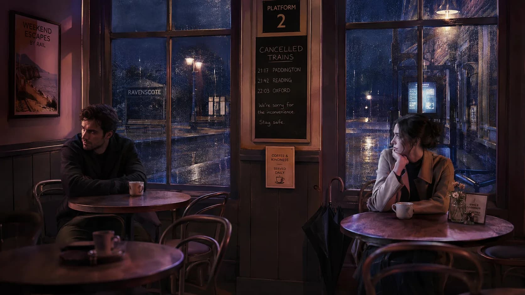 Two adult former rivals waiting in a train station cafe during a rainstorm