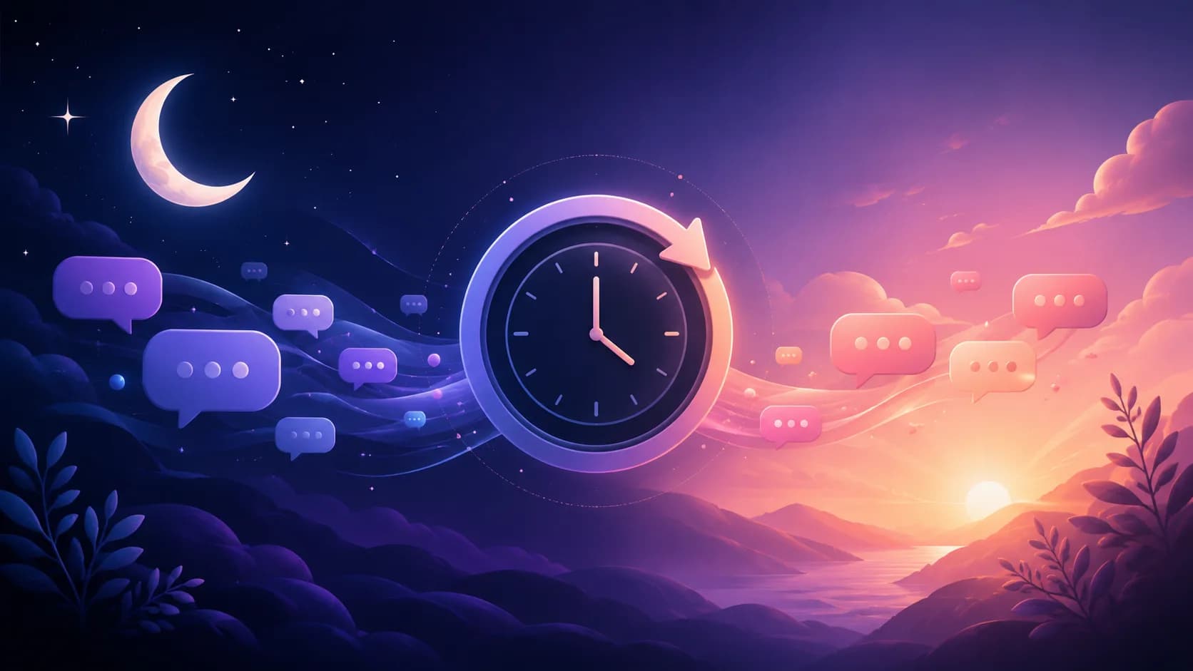 Daily Nomi free-message reset illustrated as chat bubbles moving from night to the next sunrise