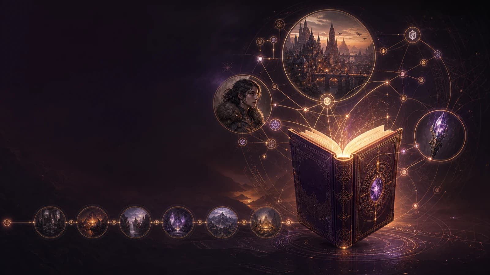 Glowing digital lorebook connecting a fantasy character city artifact and timeline