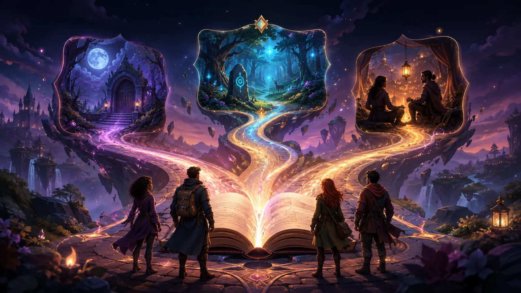 An open storybook becoming a branching interactive path through fantasy mystery and conversation scenes