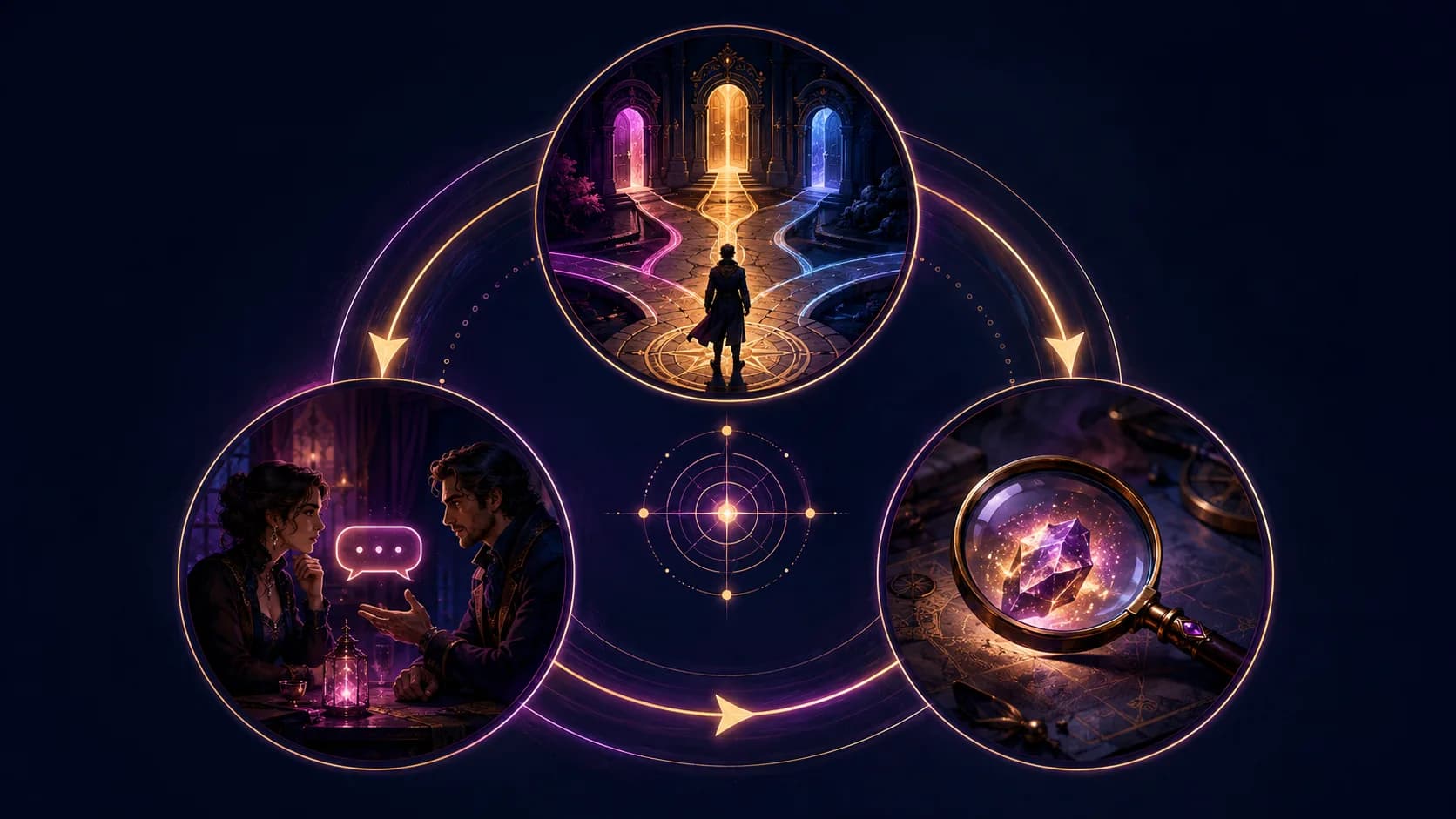 Choice dialogue and discovery represented as three connected interactive story loops