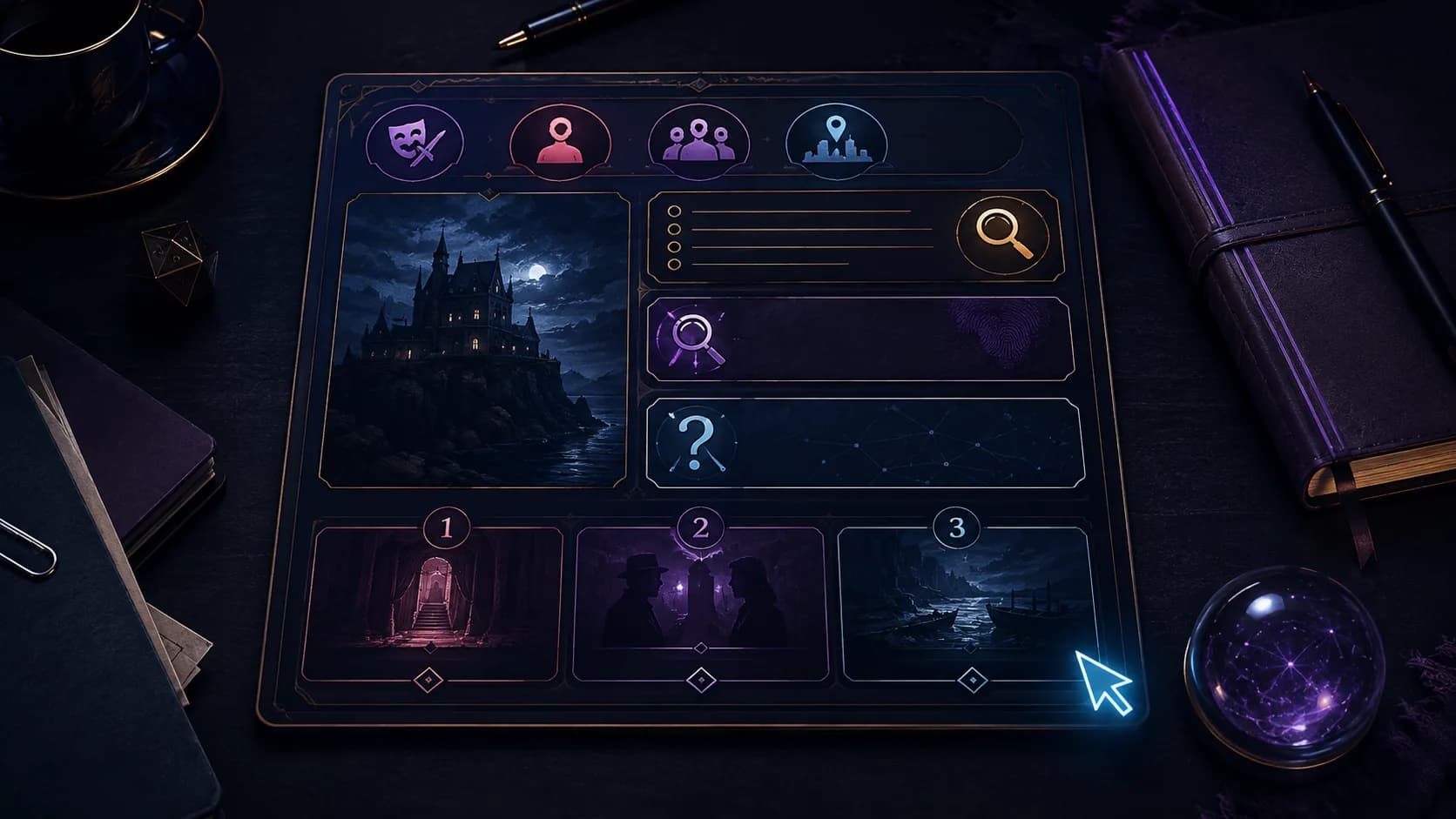 A structured interactive-story state card with visual fields for characters location clues and choices