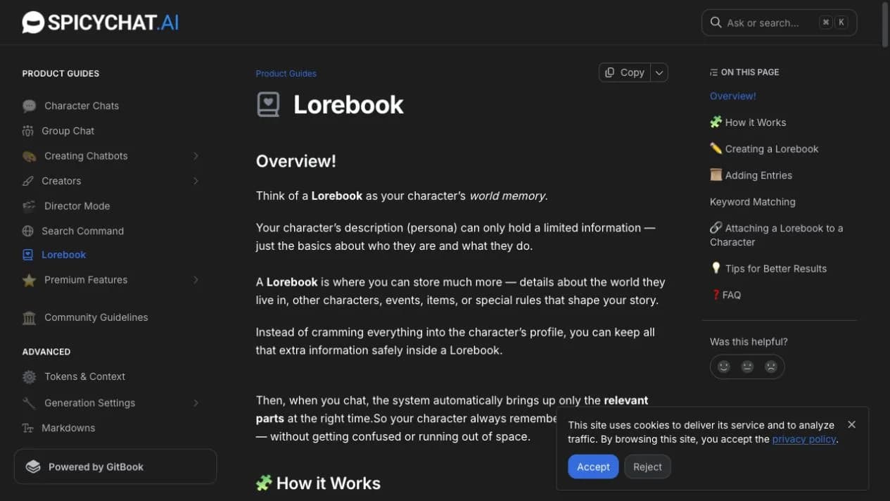 SpicyChat AI Lorebook editor used to organize entries and keywords